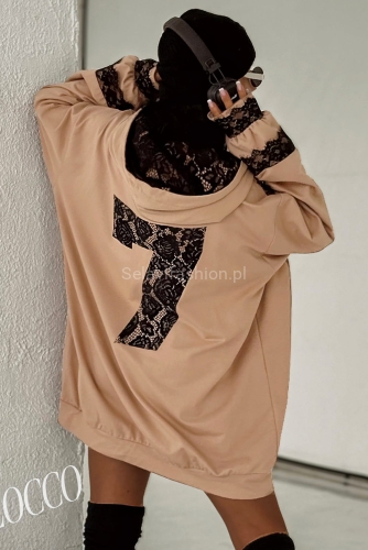 Oversizowa bluza z kapturem z elementami koronki Zocco beżowa