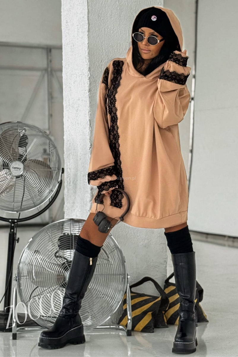 Oversizowa bluza z kapturem z elementami koronki Zocco beżowa