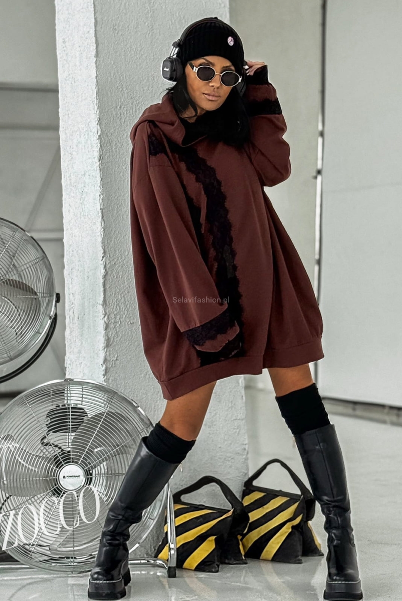 Oversizowa bluza z kapturem z elementami koronki Zocco brązowa