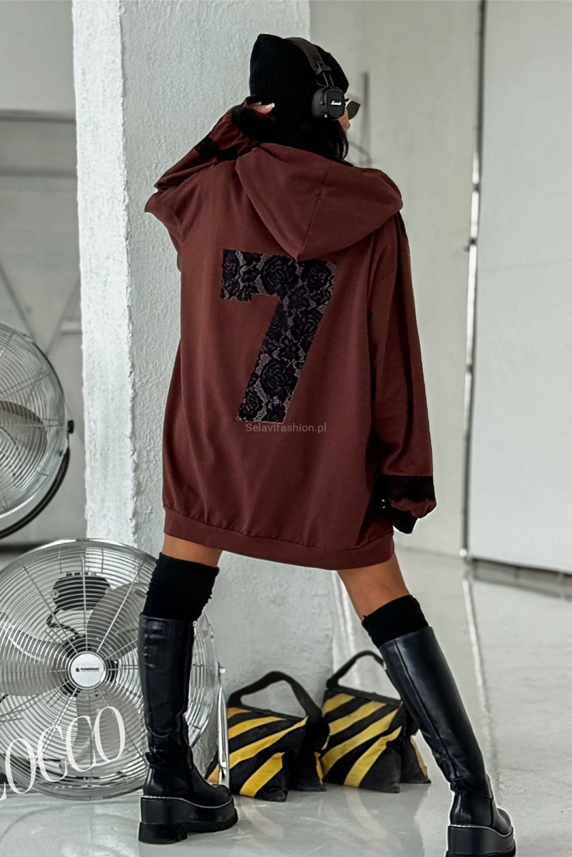 Oversizowa bluza z kapturem z elementami koronki Zocco brązowa