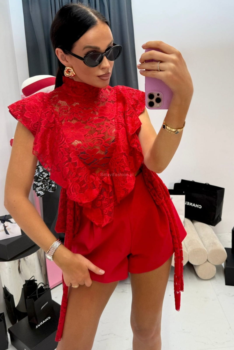 Bluzka koronkowa z falbanką wiązana La Milla czerwona