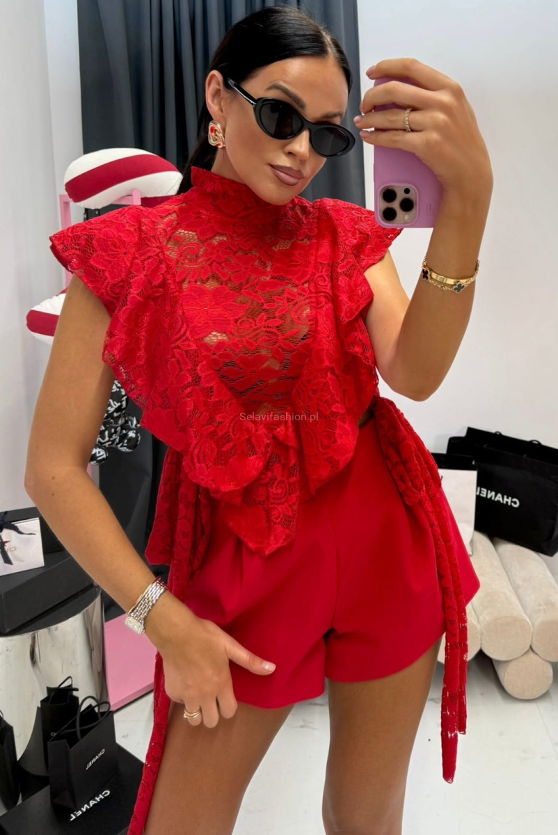 Bluzka koronkowa z falbanką wiązana La Milla czerwona