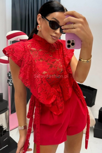 Bluzka koronkowa z falbanką wiązana La Milla czerwona