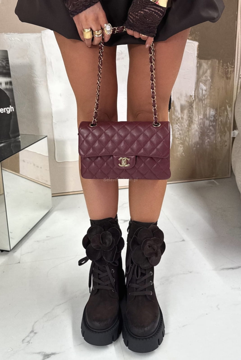 Buty skórzane z różą LaMilla brązowe