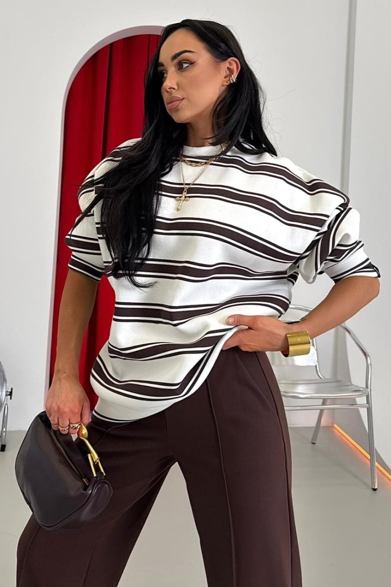 Oversizowa bluza w paski La Milla biało brązowa