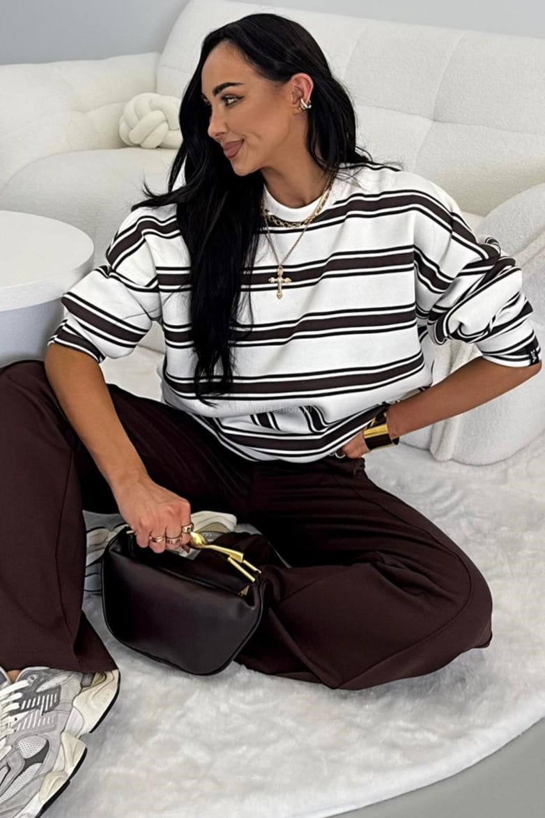 Oversizowa bluza w paski La Milla biało brązowa