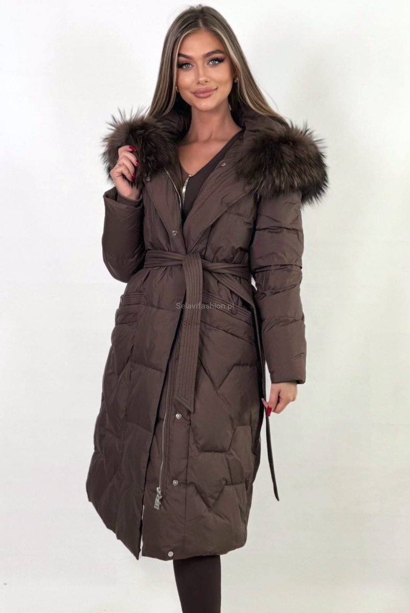 Długi płaszcz puchowy kurtka z kapturem i naturalnym futrem brązowy