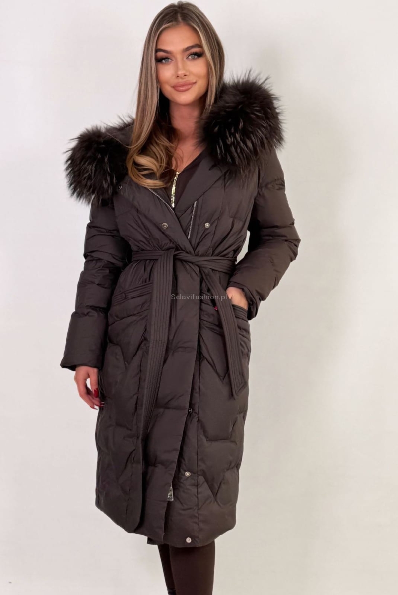 Długi płaszcz puchowy kurtka z kapturem i naturalnym futrem czekoladowy