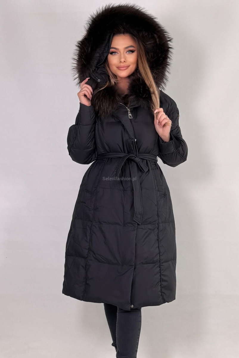 Długi płaszcz puchowy kurtka z kapturem i naturalnym futrem czarny