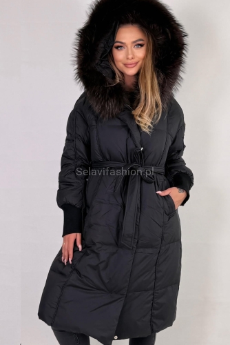 Długi płaszcz puchowy kurtka z kapturem i naturalnym futrem czarny