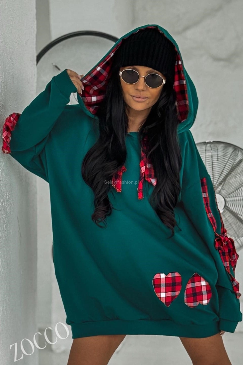 Ciepła długa bluza z dużym kapturem Serca Zocco zielona