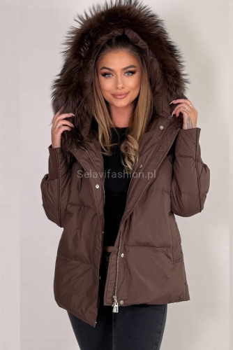 Kurtka puchowa z kapturem i naturalnym futrem brązowa