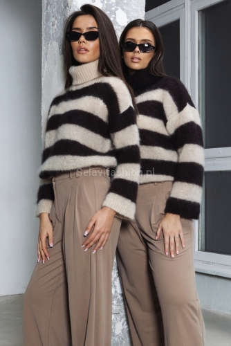 Golf beżowy sweter moherowy Yarn w pasy beżowo brązowe