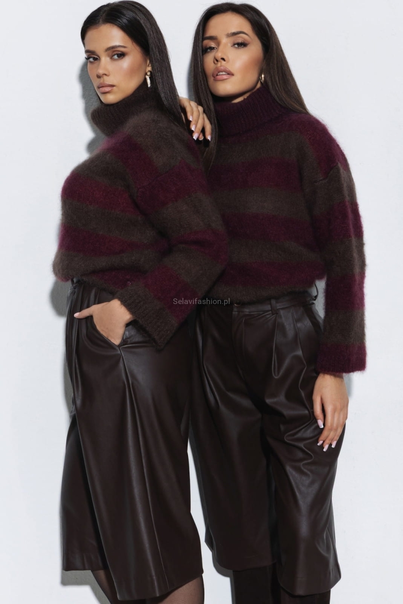 Golf beżowy sweter moherowy Yarn w pasy bordowo brązowy