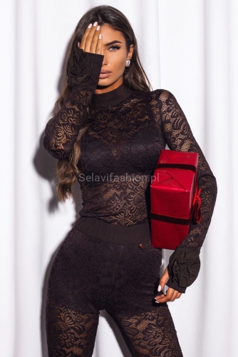 Bluzka koronkowa z różami OMBRA ROSE Lavestino brązowa