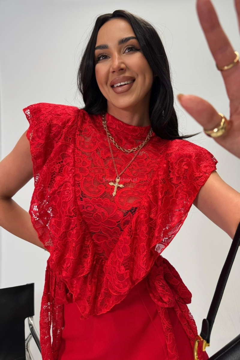 Bluzka koronkowa z falbanką wiązana La Milla czerwona