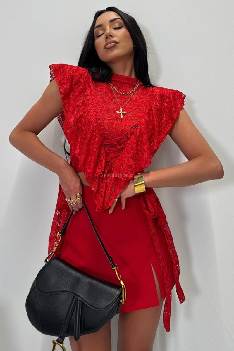 Bluzka koronkowa z falbanką wiązana La Milla czerwona