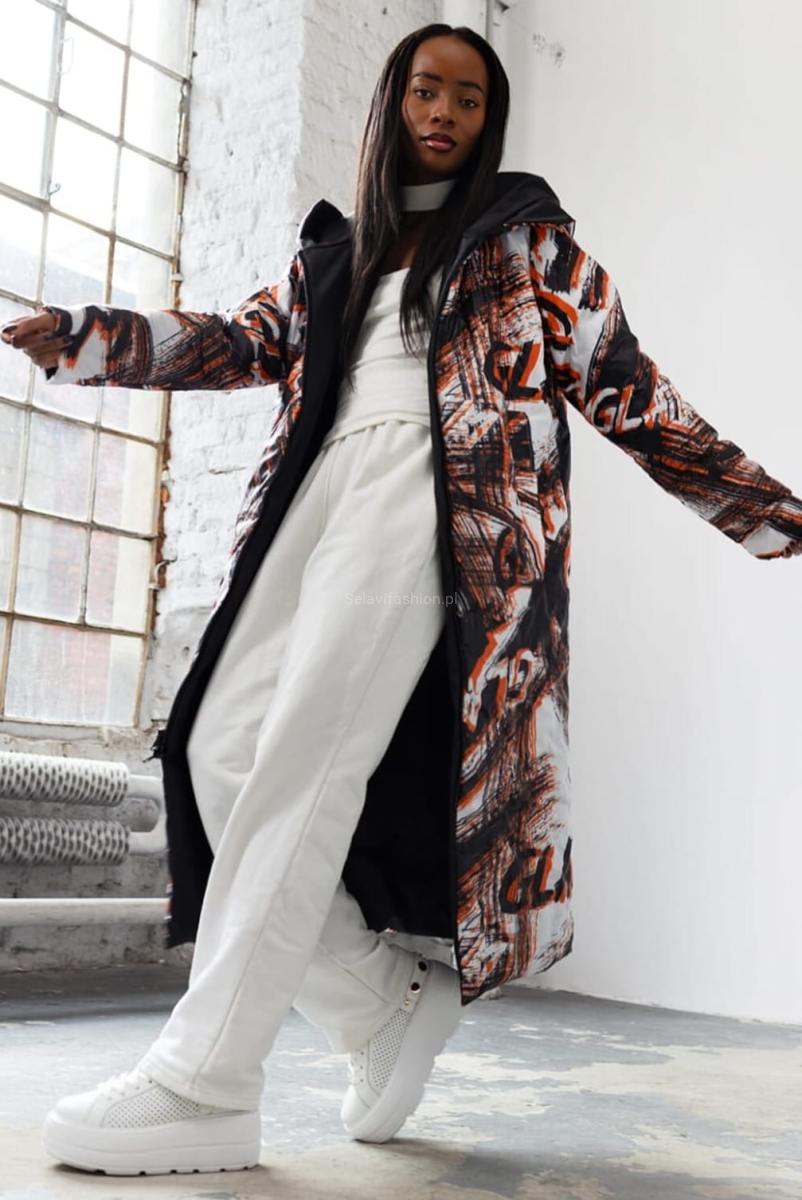 Długa dwustronna kurtka płaszcz z kapturem GLAM LaDonna pomarańczowa