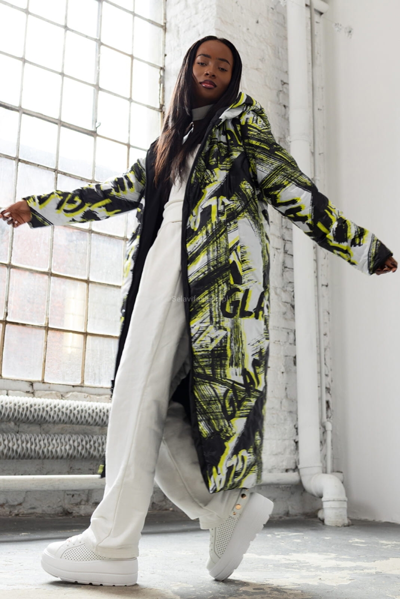 Długa dwustronna kurtka płaszcz z kapturem GLAM LaDonna żółta