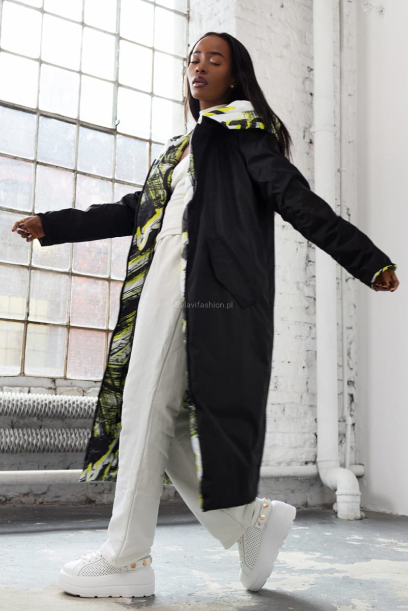 Długa dwustronna kurtka płaszcz z kapturem GLAM LaDonna żółta