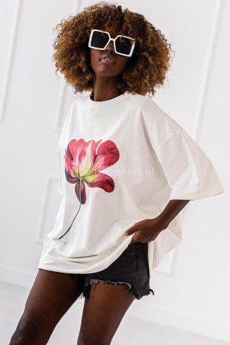 Długi t-shirt bluzka Flower Miss City biały