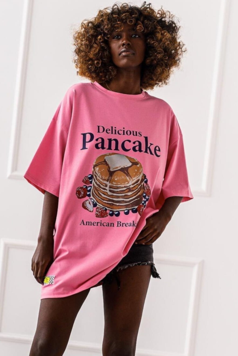 Długi t-shirt bluzka Pancake Miss City różowy