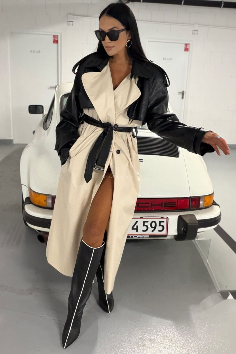 Długi klasyczny płaszcz trencz z skórzanymi rękawami La Milla kremowy