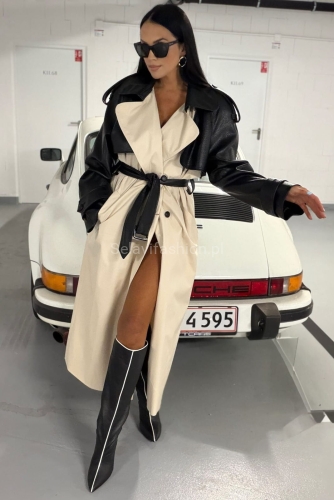 Długi klasyczny płaszcz trencz z skórzanymi rękawami La Milla kremowy