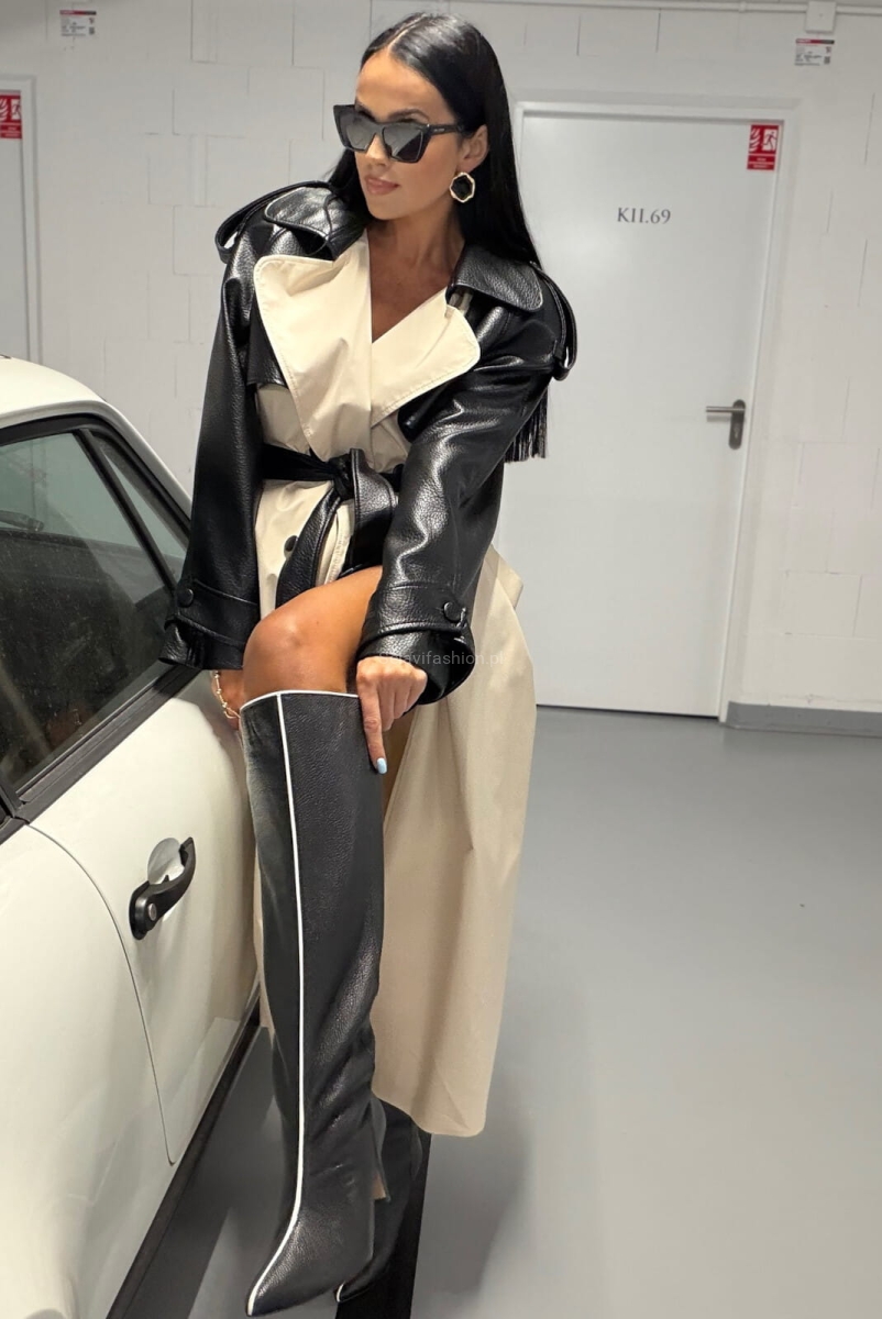 Długi klasyczny płaszcz trencz z skórzanymi rękawami La Milla kremowy