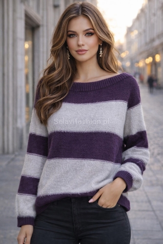 Sweter w paski Minouu biało fioletowy