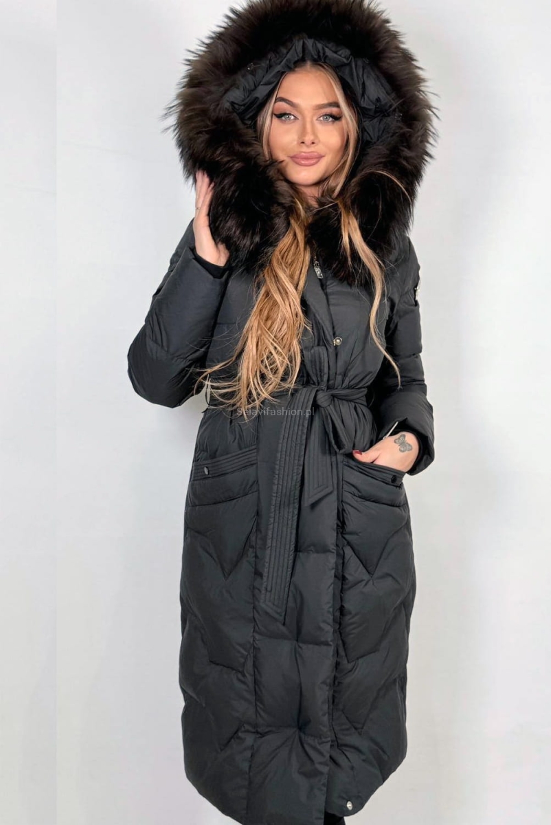 Długi płaszcz puchowy kurtka z kapturem i naturalnym futrem czarny