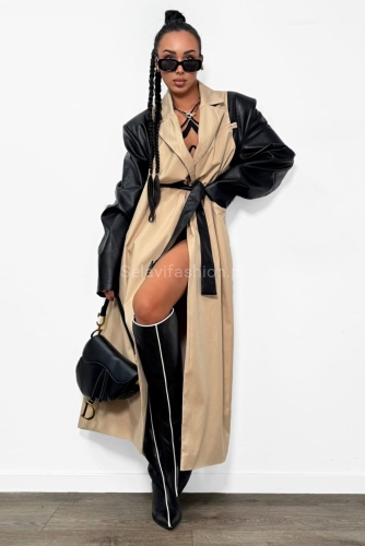 Długi klasyczny płaszcz trencz z skórzanymi rękawami La Milla beżowy