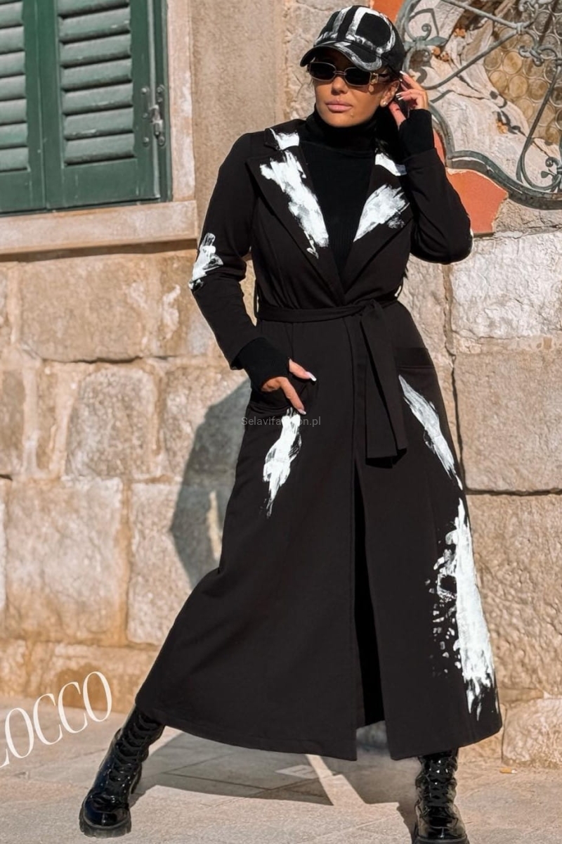 Długi klasyczny bawełniany płaszcz na pasek Zocco czarny