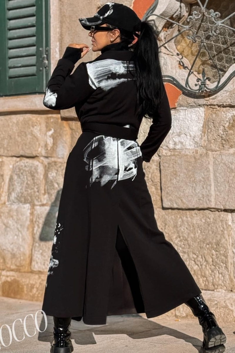 Długi klasyczny bawełniany płaszcz na pasek Zocco czarny