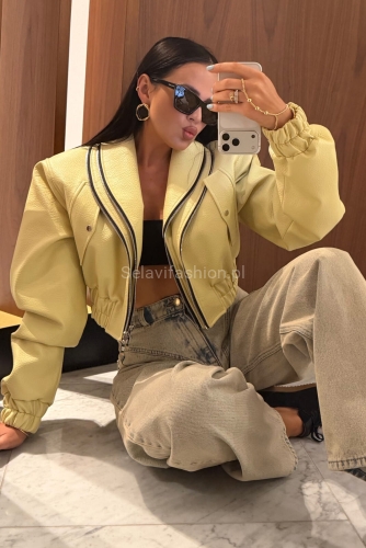 Kurtka bomberka z ekoskóry z dwoma zamkami La Milla limonka