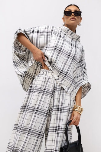 Bluzka Kimono w kratę Grid Pattern Miss City Official biała