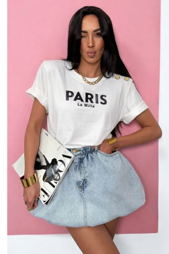Oversizowy t-shirt bluzka czarny napis Paris La Milla biały