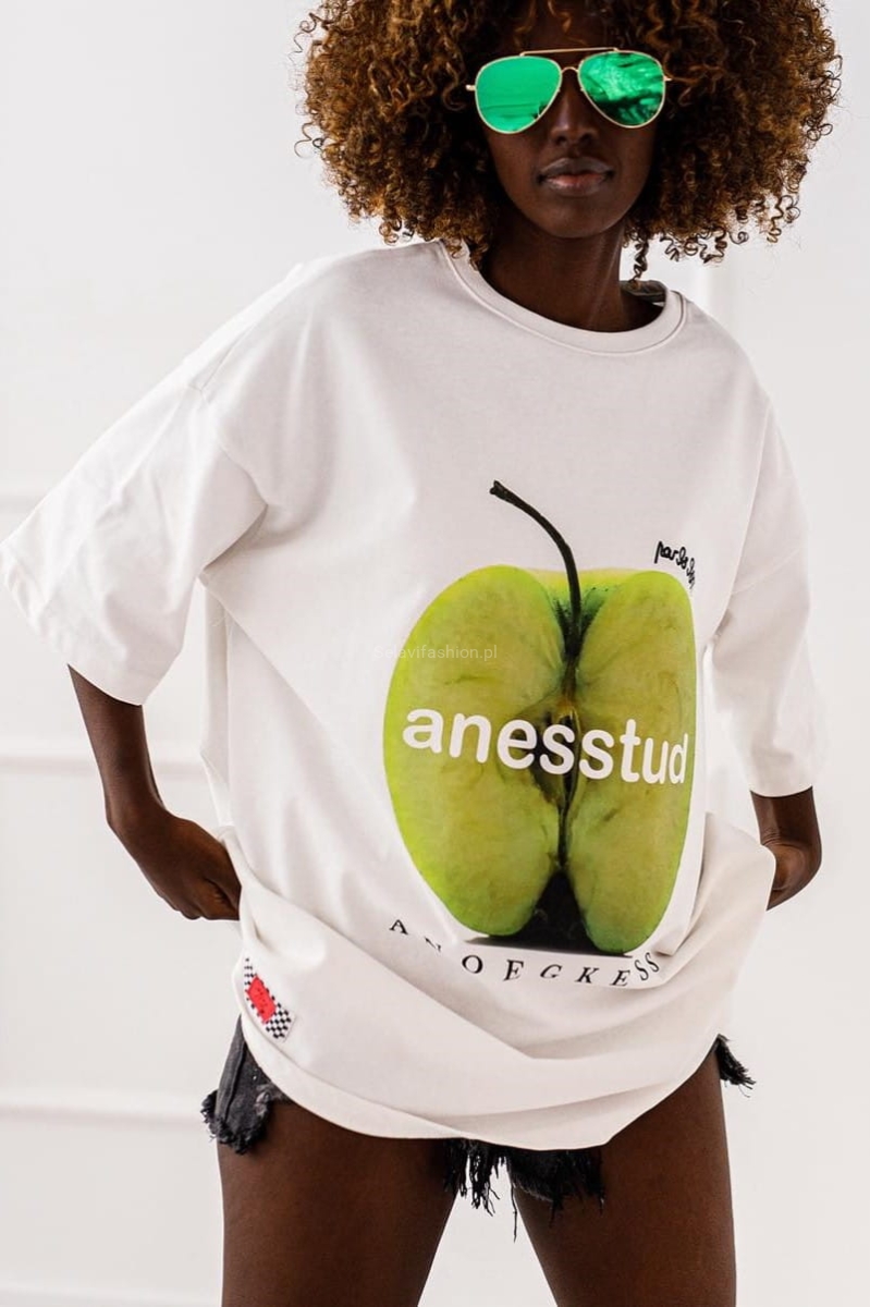 Długi t-shirt bluzka APPLE Miss City biały