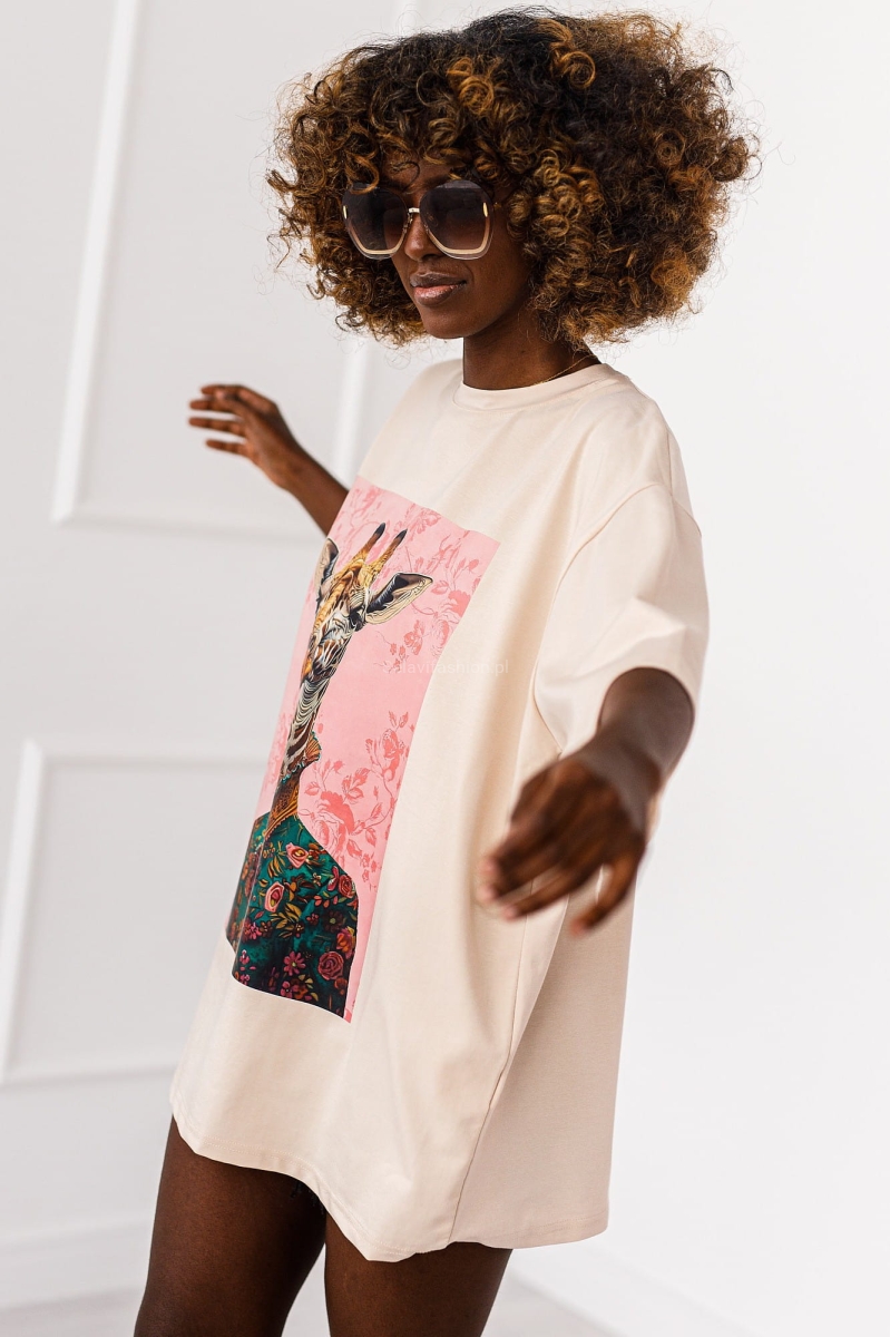 Długi t-shirt bluzka Giraffe VibesMiss City beżowy