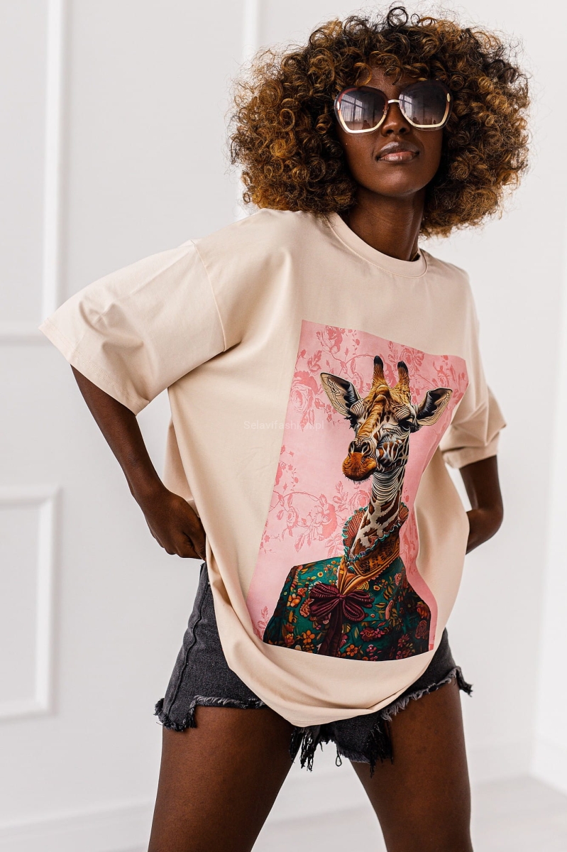 Długi t-shirt bluzka Giraffe VibesMiss City beżowy