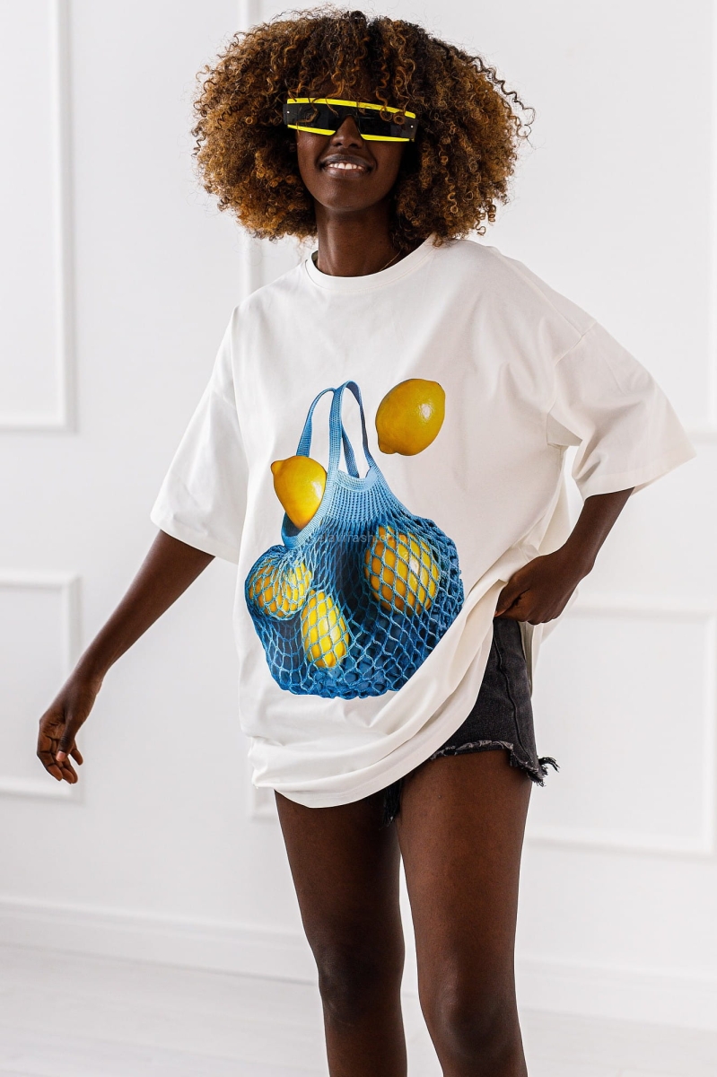 Długi t-shirt bluzka Cytryny Miss City biały