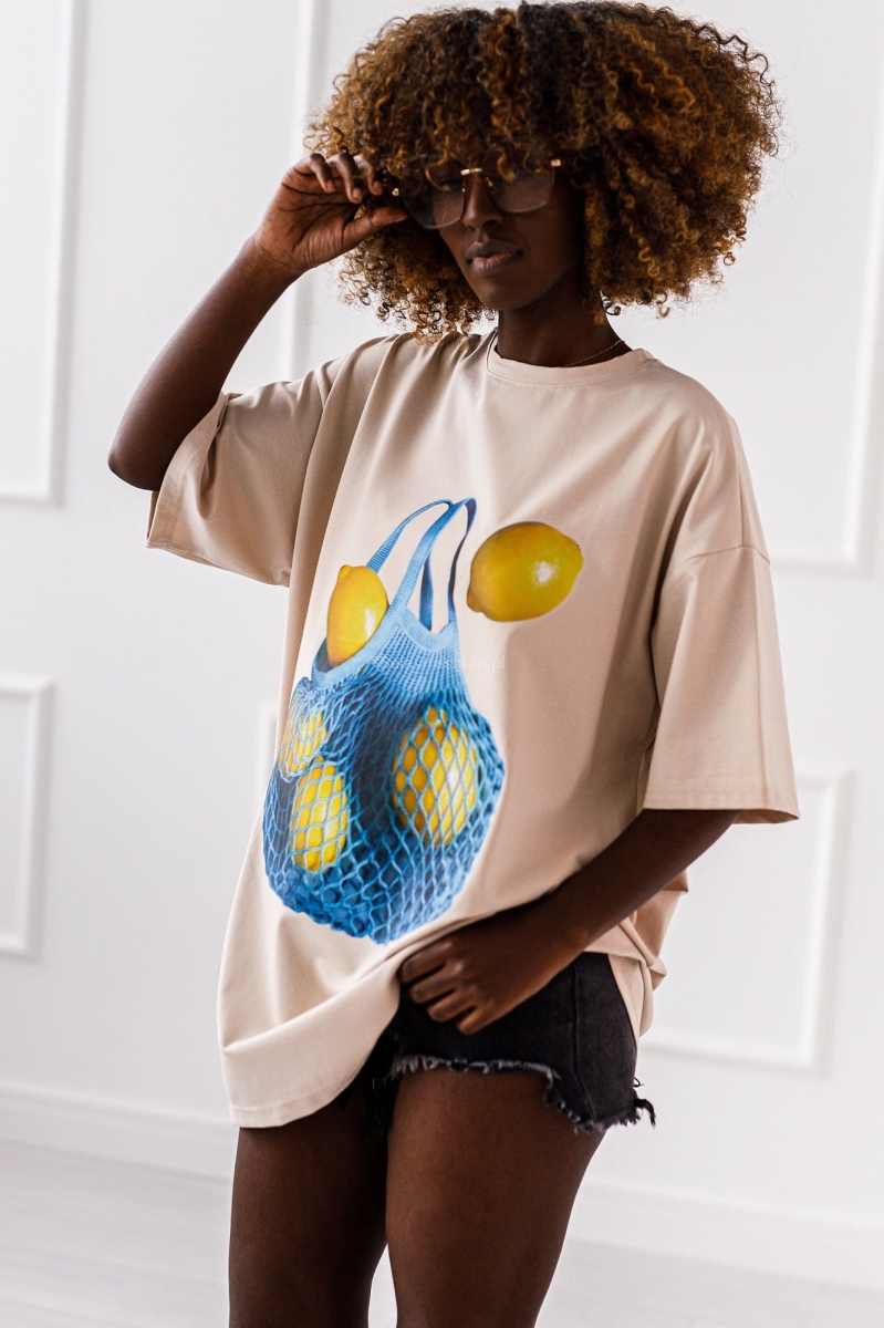 Długi t-shirt bluzka Cytryny Miss City beżowy