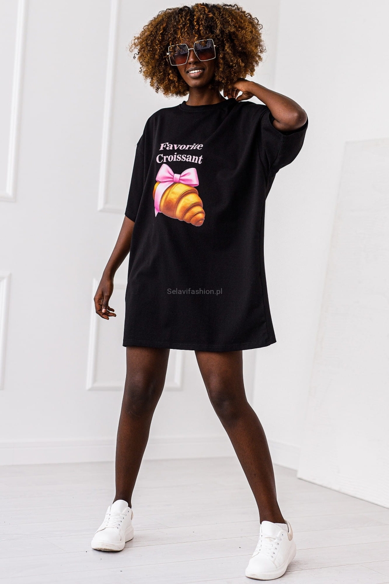 Długi t-shirt bluzka Croissant Miss City czarny