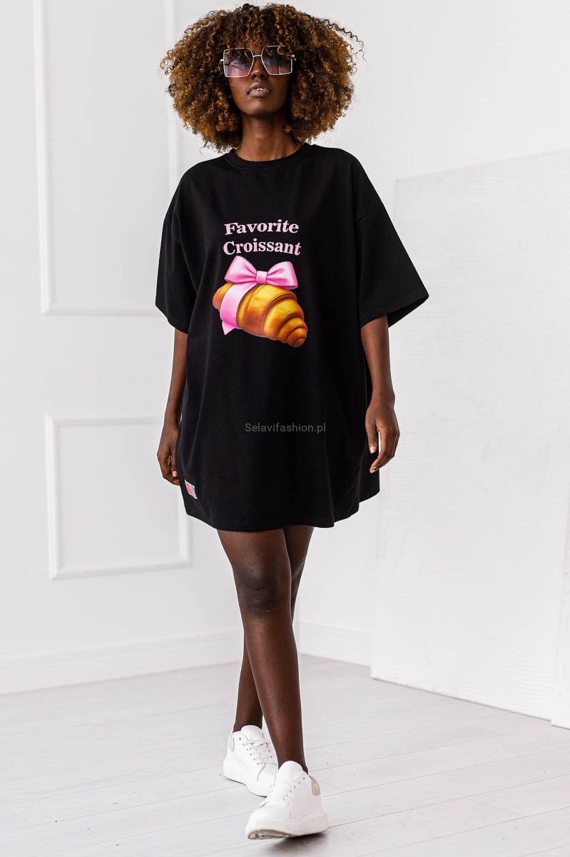 Długi t-shirt bluzka Croissant Miss City czarny