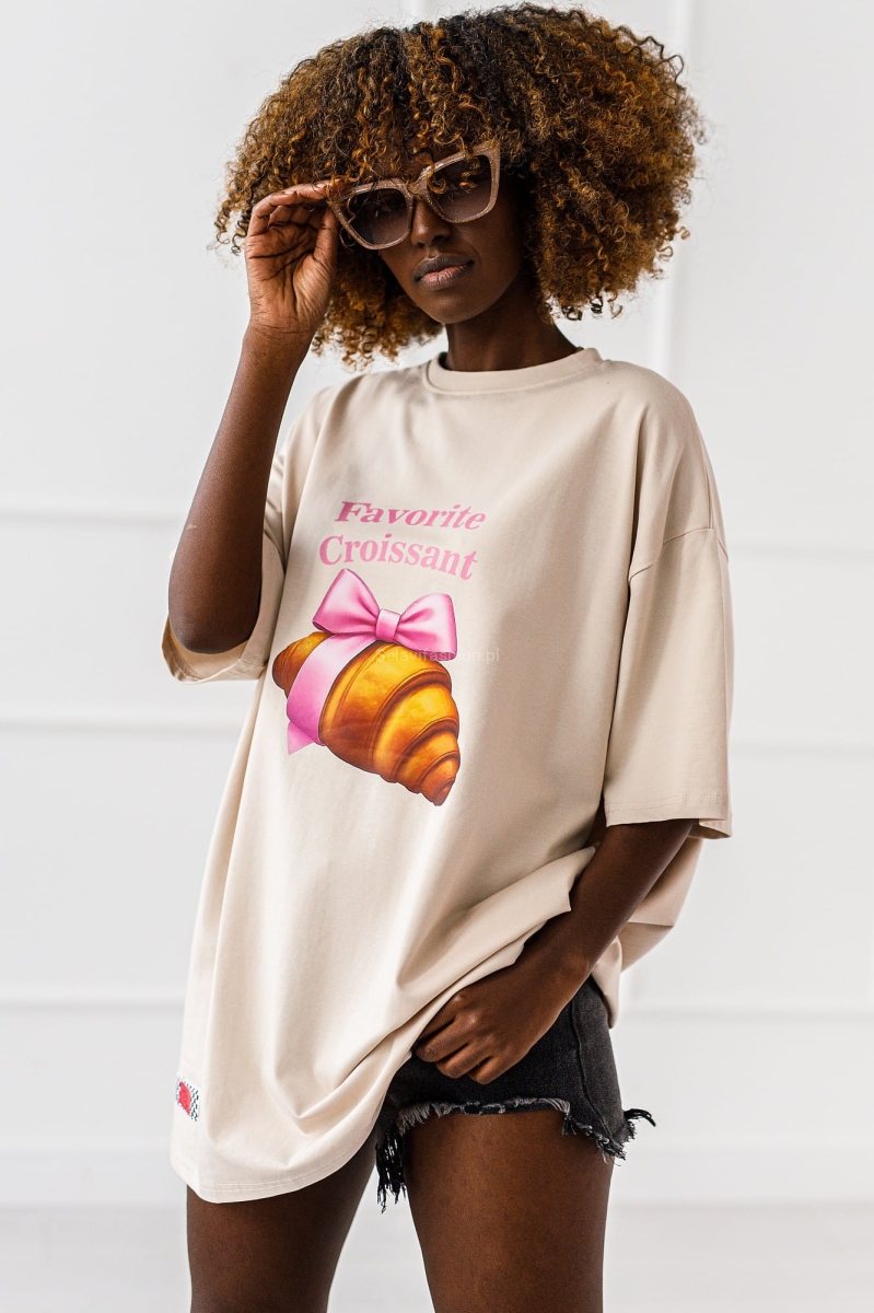 Długi t-shirt bluzka Croissant Miss City beżowy