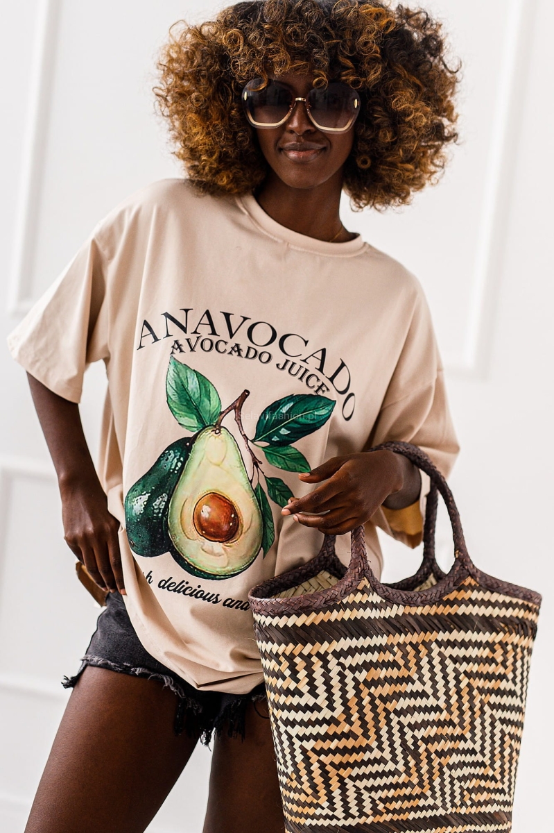 Długi t-shirt bluzka Avocado Postcard Miss City beżowy