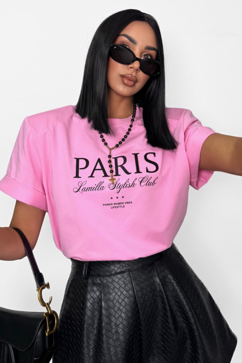 Oversizowy t-shirt bluzka z haftowanym napisem Paris La Milla różowy