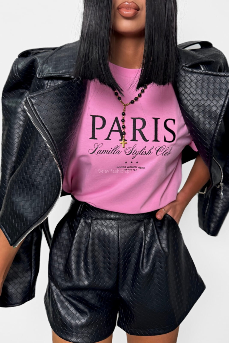 Oversizowy t-shirt bluzka z haftowanym napisem Paris La Milla różowy