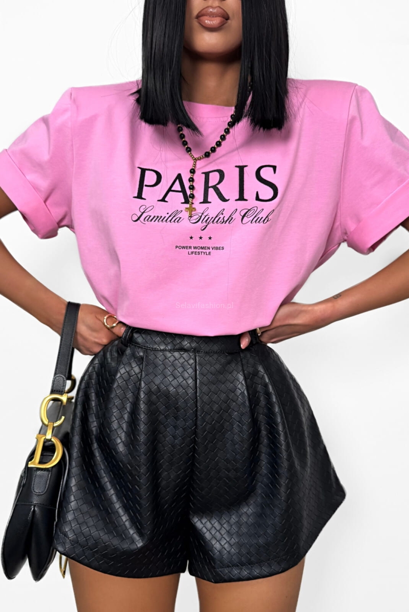 Oversizowy t-shirt bluzka z haftowanym napisem Paris La Milla różowy