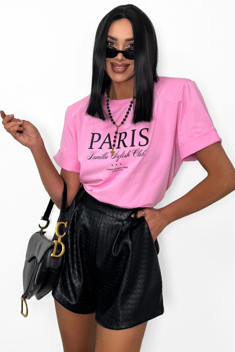 Oversizowy t-shirt bluzka z haftowanym napisem Paris La Milla różowy